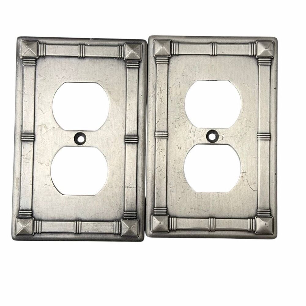 Lot of 2 Vintage Metal Decorative Outlet Covers - Brushed Pewter / Faux Bamboo